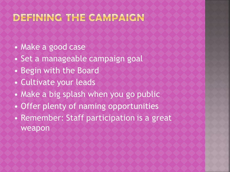 Make a good case Set a manageable campaign goal Begin with the Board Cultivate your leads Make a big splash when you go public Offer plenty of naming opportunities Remember: Staff participation is a great weapon