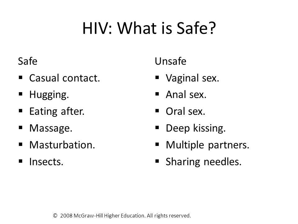HIV: What is Safe. Safe  Casual contact.  Hugging.