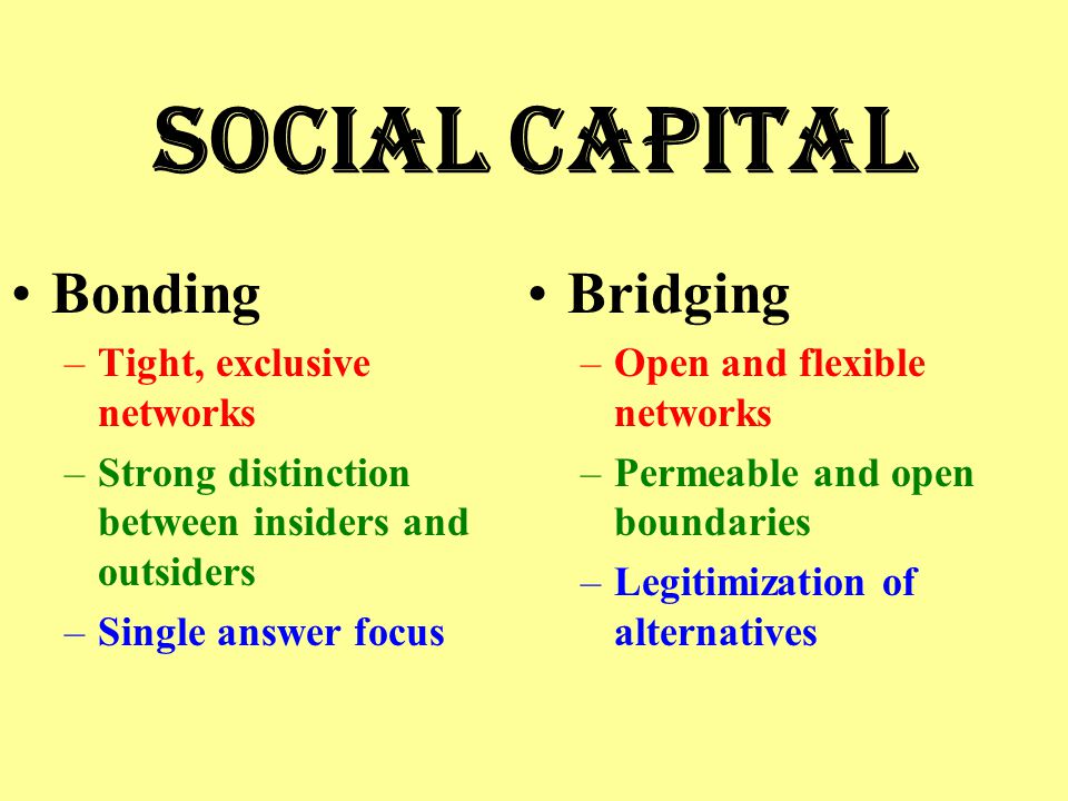 Social Capital Bonding –Tight, exclusive networks –Strong distinction between insiders and outsiders –Single answer focus Bridging –Open and flexible networks –Permeable and open boundaries –Legitimization of alternatives