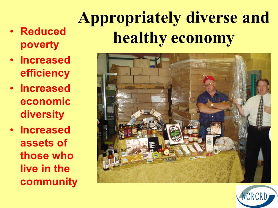 Appropriately diverse and healthy economy Reduced poverty Increased efficiency Increased economic diversity Increased assets of those who live in the community