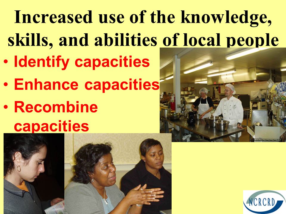 Increased use of the knowledge, skills, and abilities of local people Identify capacities Enhance capacities Recombine capacities