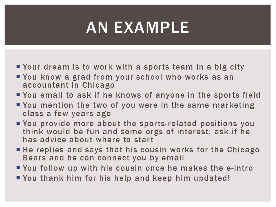  Your dream is to work with a sports team in a big city  You know a grad from your school who works as an accountant in Chicago  You  to ask if he knows of anyone in the sports field  You mention the two of you were in the same marketing class a few years ago  You provide more about the sports-related positions you think would be fun and some orgs of interest; ask if he has advice about where to start  He replies and says that his cousin works for the Chicago Bears and he can connect you by   You follow up with his cousin once he makes the e-intro  You thank him for his help and keep him updated.