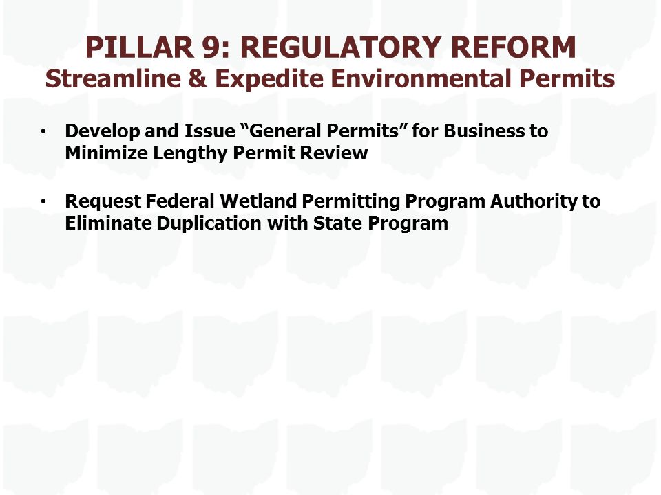 PILLAR 9: REGULATORY REFORM Streamline & Expedite Environmental Permits Develop and Issue General Permits for Business to Minimize Lengthy Permit Review Request Federal Wetland Permitting Program Authority to Eliminate Duplication with State Program