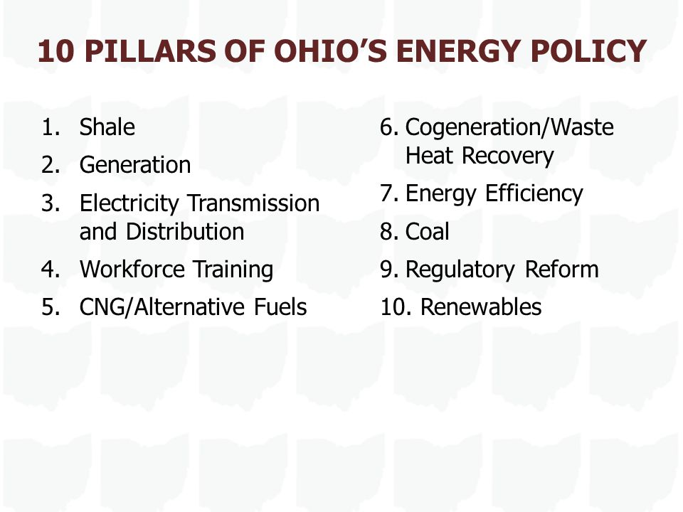 10 PILLARS OF OHIO’S ENERGY POLICY 1.Shale 2.Generation 3.Electricity Transmission and Distribution 4.Workforce Training 5.CNG/Alternative Fuels 6.Cogeneration/Waste Heat Recovery 7.Energy Efficiency 8.Coal 9.Regulatory Reform 10.