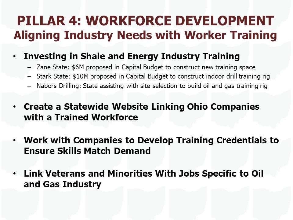 PILLAR 4: WORKFORCE DEVELOPMENT Aligning Industry Needs with Worker Training Investing in Shale and Energy Industry Training – Zane State: $6M proposed in Capital Budget to construct new training space – Stark State: $10M proposed in Capital Budget to construct indoor drill training rig – Nabors Drilling: State assisting with site selection to build oil and gas training rig Create a Statewide Website Linking Ohio Companies with a Trained Workforce Work with Companies to Develop Training Credentials to Ensure Skills Match Demand Link Veterans and Minorities With Jobs Specific to Oil and Gas Industry