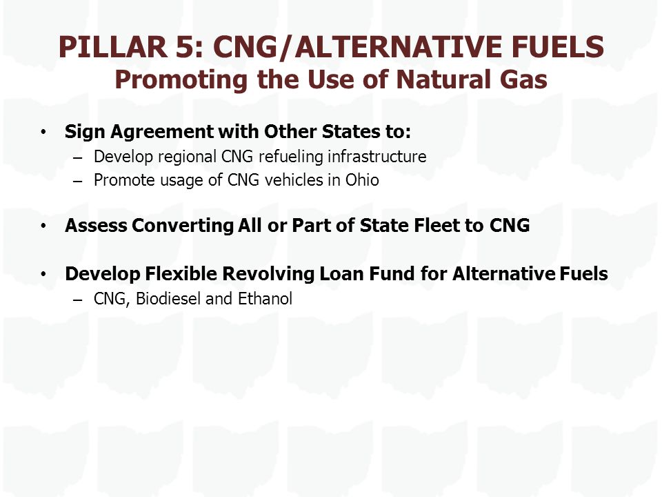 PILLAR 5: CNG/ALTERNATIVE FUELS Promoting the Use of Natural Gas Sign Agreement with Other States to: – Develop regional CNG refueling infrastructure – Promote usage of CNG vehicles in Ohio Assess Converting All or Part of State Fleet to CNG Develop Flexible Revolving Loan Fund for Alternative Fuels – CNG, Biodiesel and Ethanol