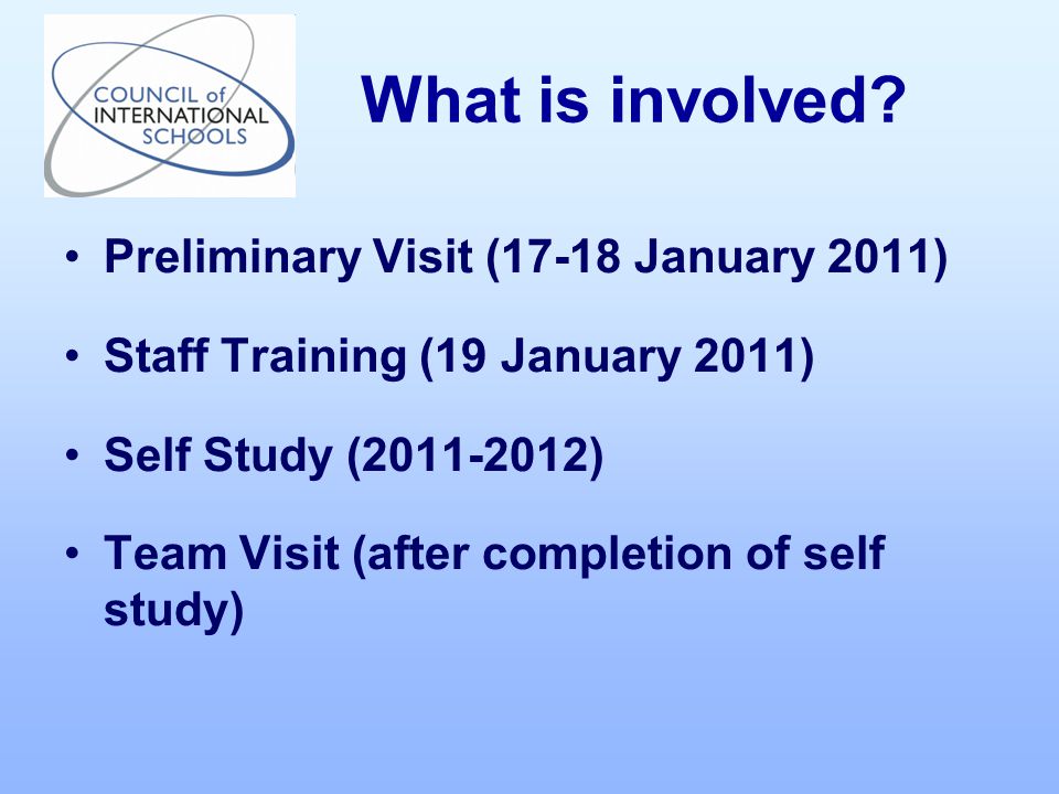 Preliminary Visit (17-18 January 2011) Staff Training (19 January 2011) Self Study ( ) Team Visit (after completion of self study) What is involved