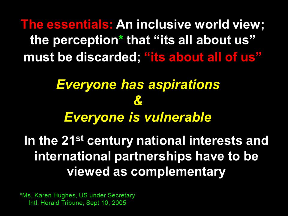 The essentials: An inclusive world view; the perception* that its all about us must be discarded; its about all of us *Ms.