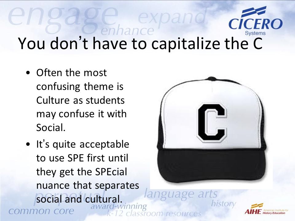 You don’t have to capitalize the C Often the most confusing theme is Culture as students may confuse it with Social.