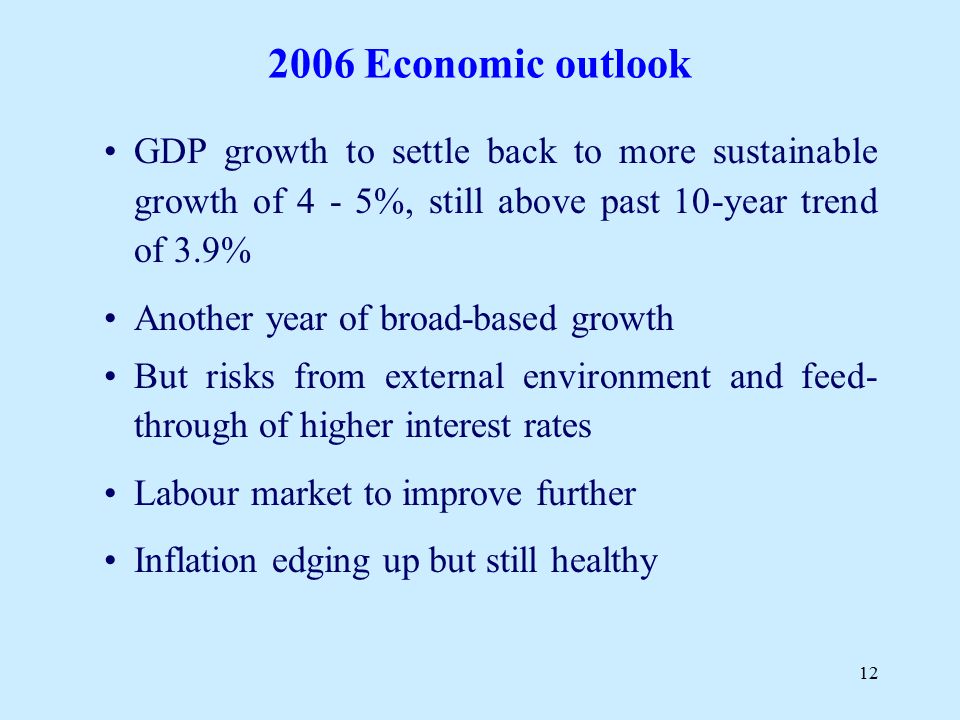 Economic outlook GDP growth to settle back to more sustainable growth of 4 - 5%, still above past 10-year trend of 3.9% Another year of broad-based growth But risks from external environment and feed- through of higher interest rates Labour market to improve further Inflation edging up but still healthy