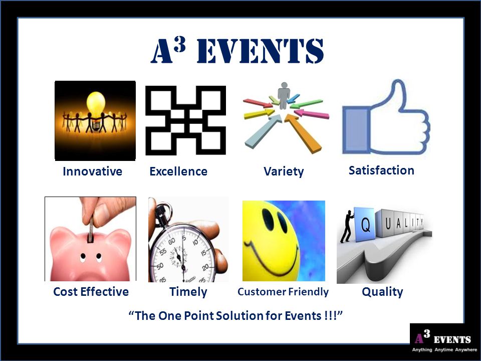 InnovativeExcellenceVariety Satisfaction Cost EffectiveQuality Customer Friendly Timely The One Point Solution for Events !!! A 3 Events
