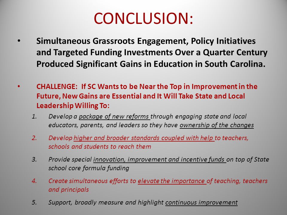 How South Carolina Made Significant Educational Progress Over Many Years For the 2012 Harvard Conference: Learning from Improving School Systems at Home. - ppt download CONCLUSION: Simultaneous Grassroots Engagement, Policy Initiatives and Targeted Funding Investments Over a Quarter Century Produced Significant Gains in Education in South Carolina. - 웹 How South Carolina Made Significant Educational Progress Over Many Years For the 2012 Harvard Conference: Learning from Improving School Systems at Home. - ppt download CONCLUSION: Simultaneous Grassroots Engagement, Policy Initiatives and Targeted Funding Investments Over a Quarter Century Produced Significant Gains in Education in South Carolina. - 웹