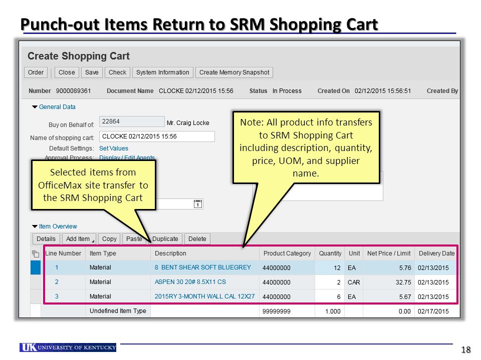 Punch-out Items Return to SRM Shopping Cart Selected items from OfficeMax site transfer to the SRM Shopping Cart Note: All product info transfers to SRM Shopping Cart including description, quantity, price, UOM, and supplier name.