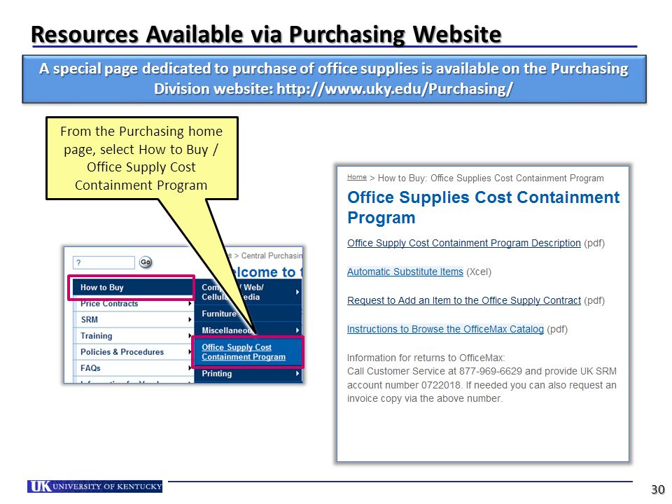 Resources Available via Purchasing Website 30 A special page dedicated to purchase of office supplies is available on the Purchasing Division website:   From the Purchasing home page, select How to Buy / Office Supply Cost Containment Program