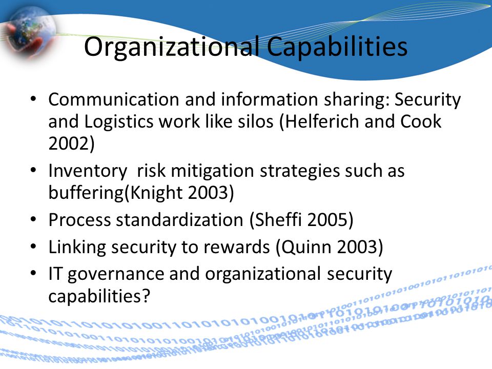 Organizational Capabilities Communication and information sharing: Security and Logistics work like silos (Helferich and Cook 2002) Inventory risk mitigation strategies such as buffering(Knight 2003) Process standardization (Sheffi 2005) Linking security to rewards (Quinn 2003) IT governance and organizational security capabilities