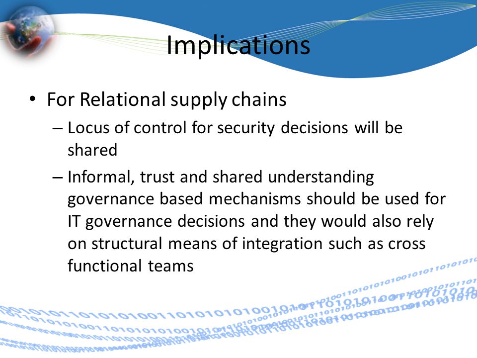 Implications For Relational supply chains – Locus of control for security decisions will be shared – Informal, trust and shared understanding governance based mechanisms should be used for IT governance decisions and they would also rely on structural means of integration such as cross functional teams