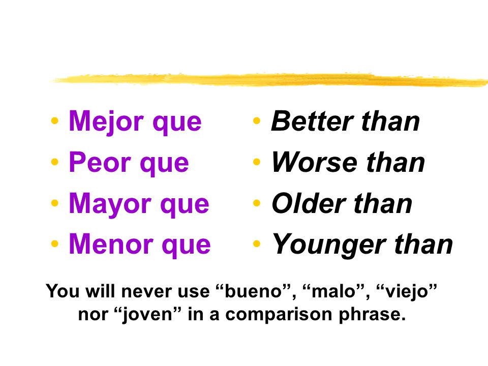 Mejor que Peor que Mayor que Menor que Better than Worse than Older than Younger than You will never use bueno , malo , viejo nor joven in a comparison phrase.
