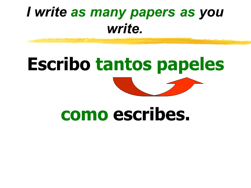 I write as many papers as you write. Escribo tantos papeles como escribes.