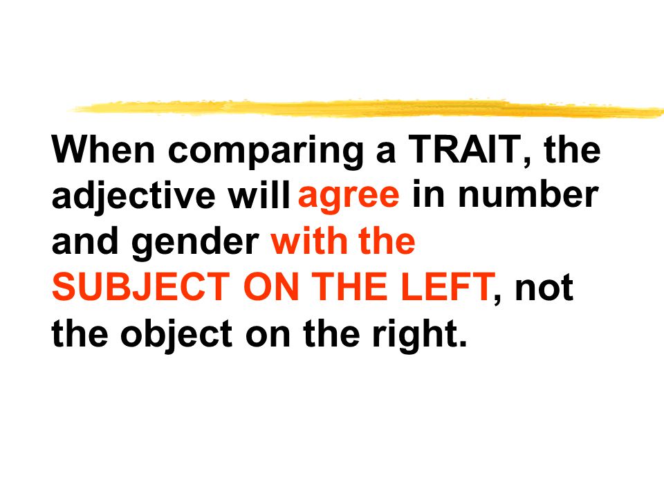 When comparing a TRAIT, the adjective will agree in number and gender with the SUBJECT ON THE LEFT, not the object on the right.