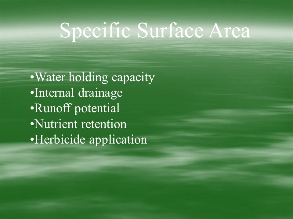Specific Surface Area Water holding capacity Internal drainage Runoff potential Nutrient retention Herbicide application