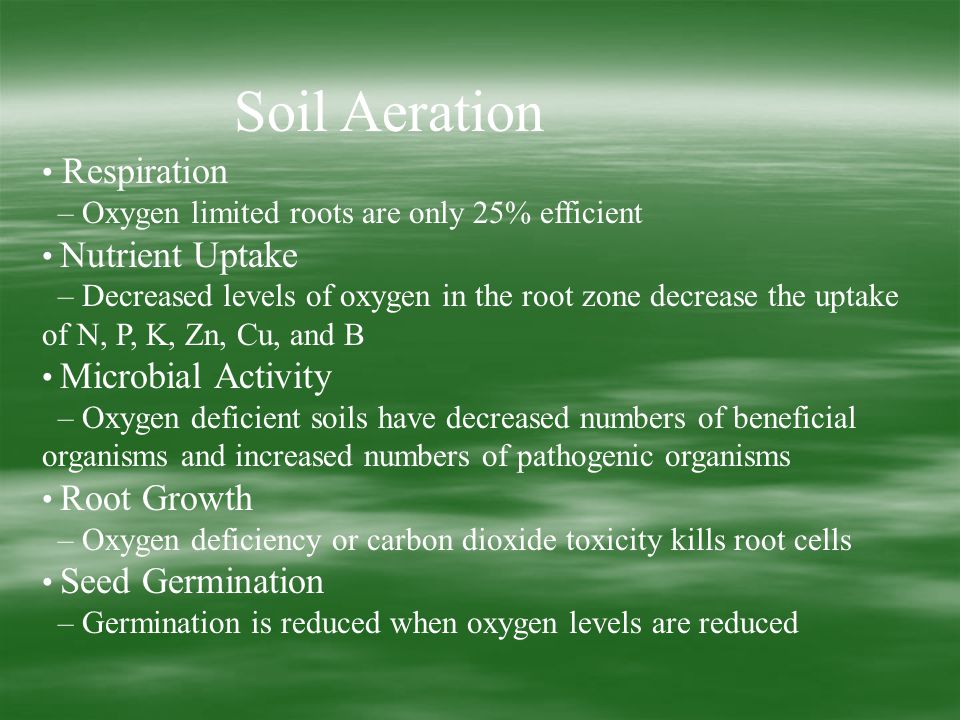 Soil Aeration Respiration – Oxygen limited roots are only 25% efficient Nutrient Uptake – Decreased levels of oxygen in the root zone decrease the uptake of N, P, K, Zn, Cu, and B Microbial Activity – Oxygen deficient soils have decreased numbers of beneficial organisms and increased numbers of pathogenic organisms Root Growth – Oxygen deficiency or carbon dioxide toxicity kills root cells Seed Germination – Germination is reduced when oxygen levels are reduced