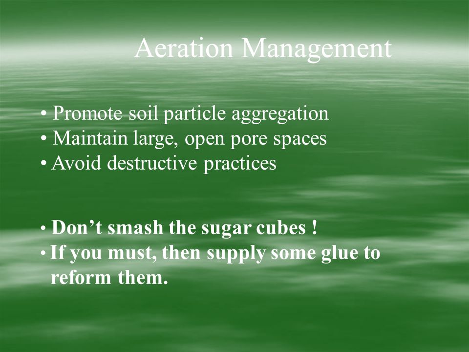Aeration Management Promote soil particle aggregation Maintain large, open pore spaces Avoid destructive practices Don’t smash the sugar cubes .