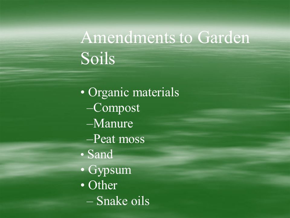 Amendments to Garden Soils Organic materials –Compost –Manure –Peat moss Sand Gypsum Other – Snake oils
