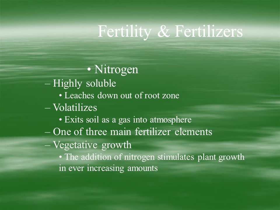 Fertility & Fertilizers Nitrogen – Highly soluble Leaches down out of root zone – Volatilizes Exits soil as a gas into atmosphere – One of three main fertilizer elements – Vegetative growth The addition of nitrogen stimulates plant growth in ever increasing amounts