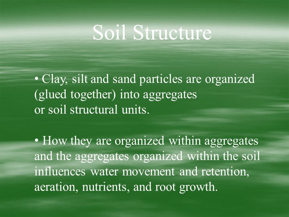 Soil Structure Clay, silt and sand particles are organized (glued together) into aggregates or soil structural units.
