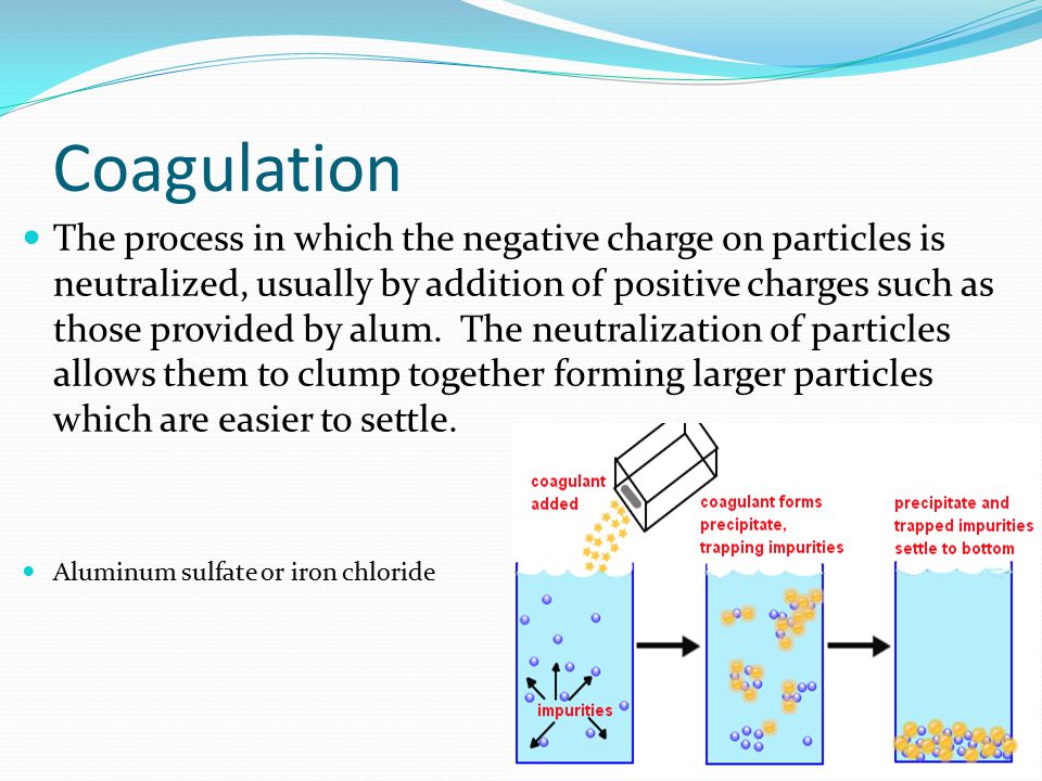 Coagulation The process in which the negative charge on particles is neutralized, usually by addition of positive charges such as those provided by alum.