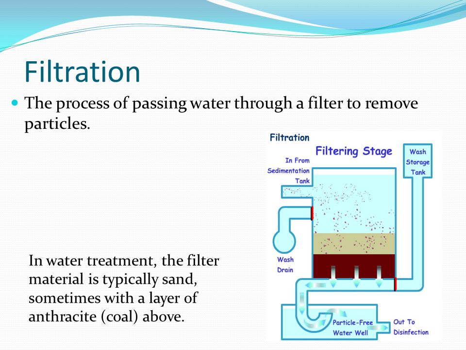 Filtration The process of passing water through a filter to remove particles.