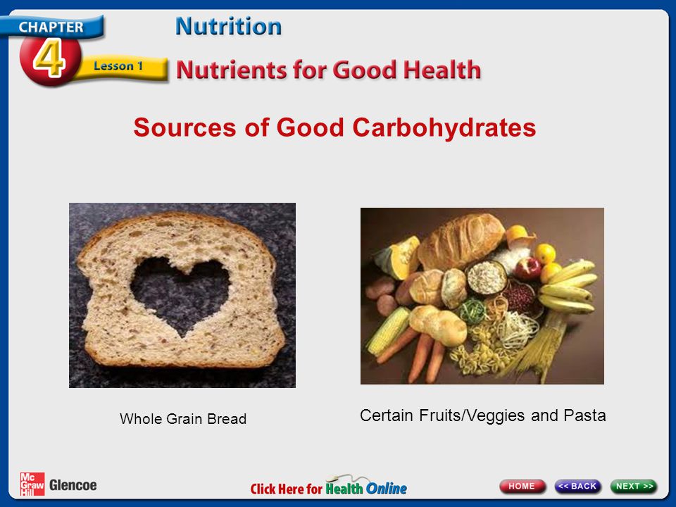 Sources of Good Carbohydrates Whole Grain Bread Certain Fruits/Veggies and Pasta