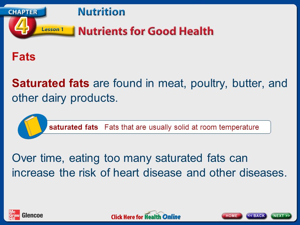 Fats Saturated fats are found in meat, poultry, butter, and other dairy products.