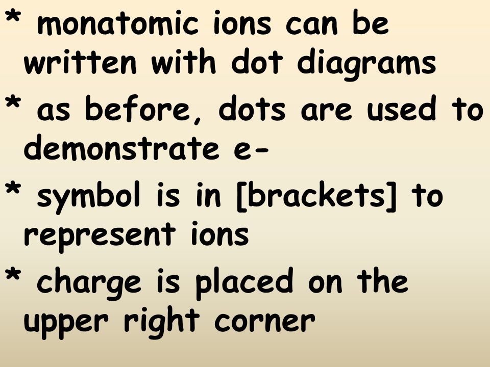 * monatomic ions can be written with dot diagrams * as before, dots are used to demonstrate e- * symbol is in [brackets] to represent ions * charge is placed on the upper right corner