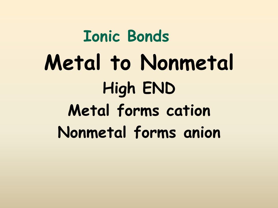 Ionic Bonds Metal to Nonmetal High END Metal forms cation Nonmetal forms anion