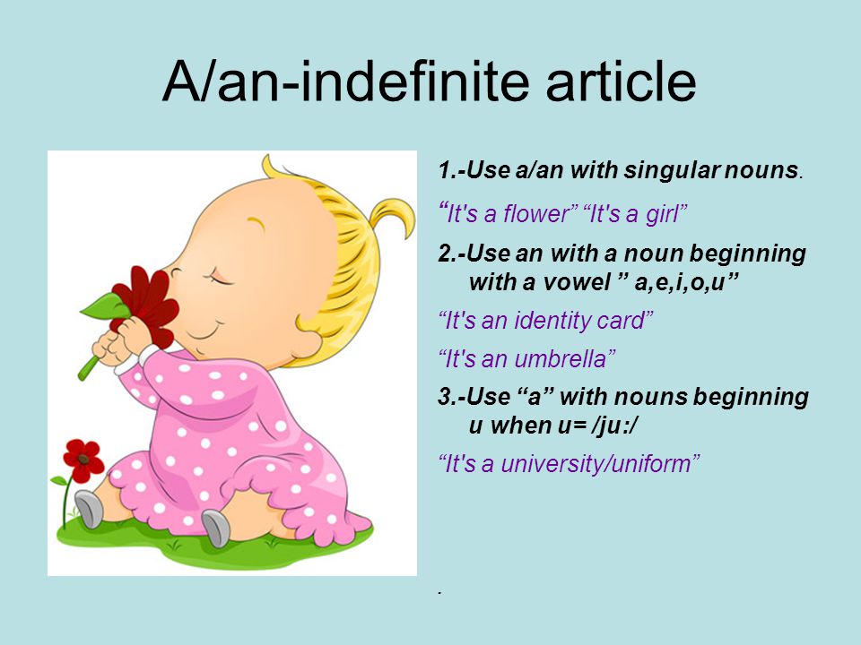 A/an-indefinite article 1.-Use a/an with singular nouns.