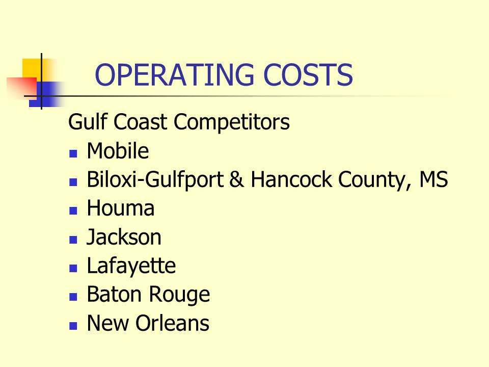 OPERATING COSTS Gulf Coast Competitors Mobile Biloxi-Gulfport & Hancock County, MS Houma Jackson Lafayette Baton Rouge New Orleans