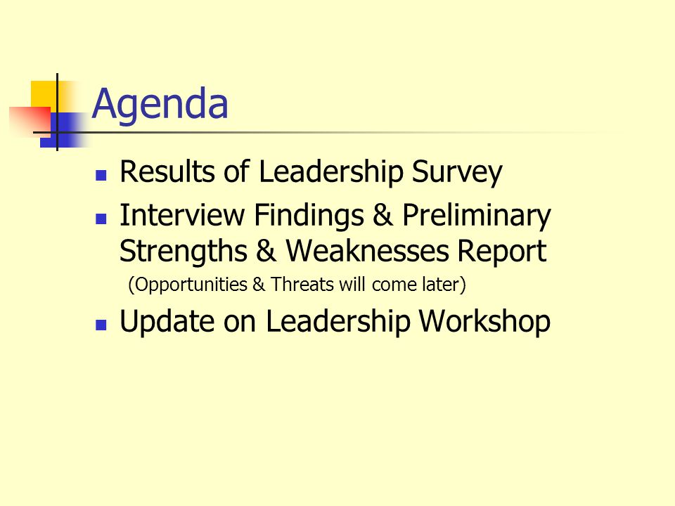 Agenda Results of Leadership Survey Interview Findings & Preliminary Strengths & Weaknesses Report (Opportunities & Threats will come later) Update on Leadership Workshop