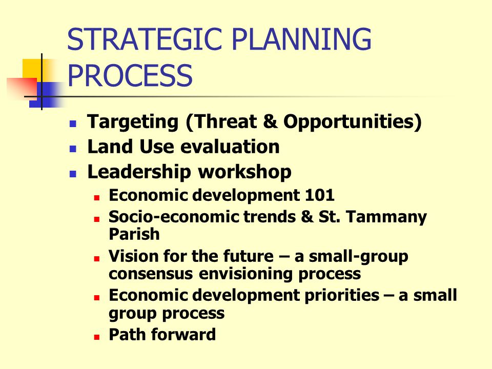 STRATEGIC PLANNING PROCESS Targeting (Threat & Opportunities) Land Use evaluation Leadership workshop Economic development 101 Socio-economic trends & St.