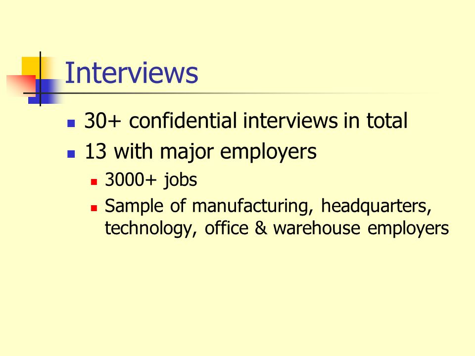 Interviews 30+ confidential interviews in total 13 with major employers jobs Sample of manufacturing, headquarters, technology, office & warehouse employers