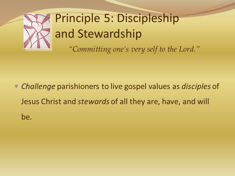 Principle 5: Discipleship and Stewardship Challenge parishioners to live gospel values as disciples of Jesus Christ and stewards of all they are, have, and will be.