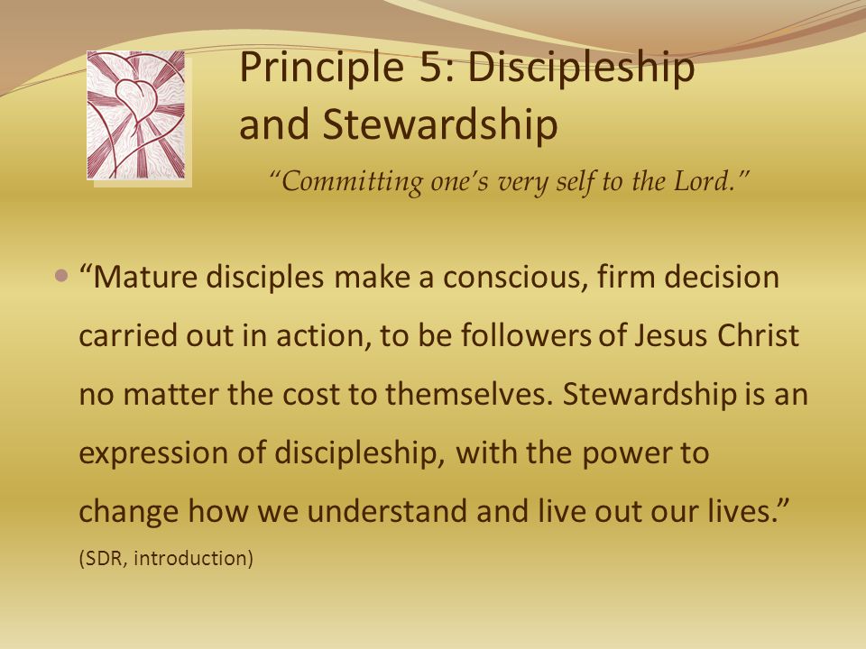 Principle 5: Discipleship and Stewardship Mature disciples make a conscious, firm decision carried out in action, to be followers of Jesus Christ no matter the cost to themselves.