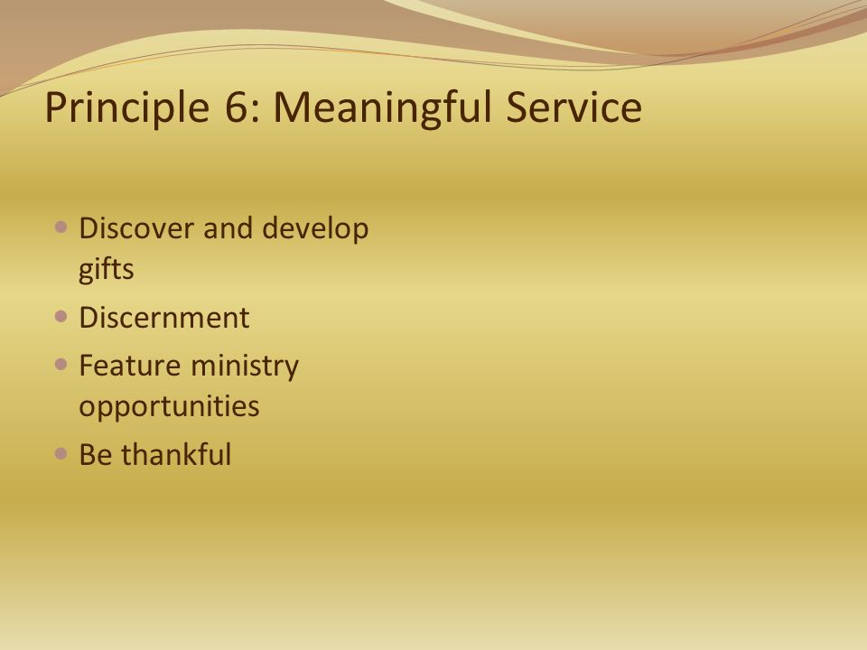 Principle 6: Meaningful Service Discover and develop gifts Discernment Feature ministry opportunities Be thankful