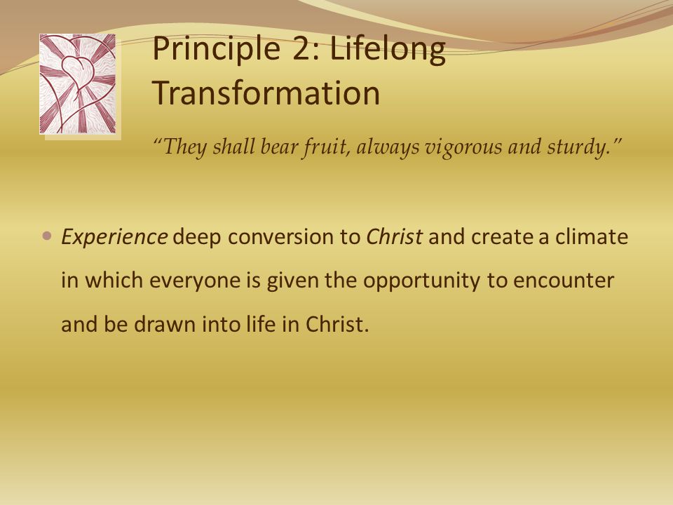 Principle 2: Lifelong Transformation Experience deep conversion to Christ and create a climate in which everyone is given the opportunity to encounter and be drawn into life in Christ.
