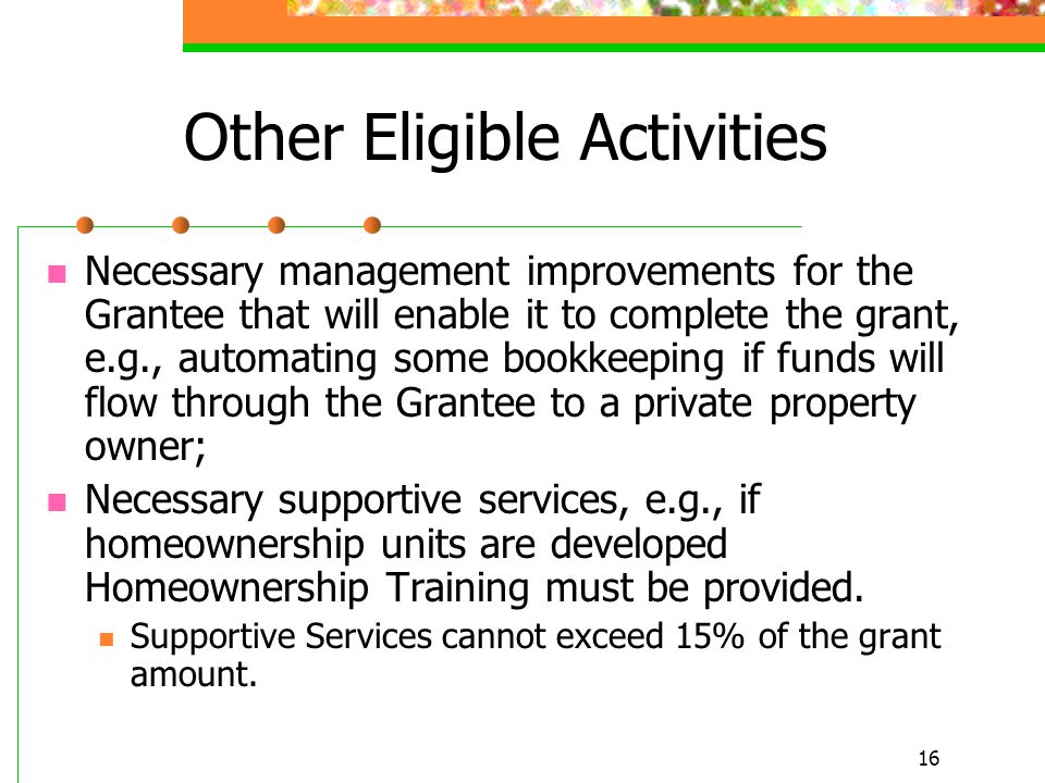 16 Other Eligible Activities Necessary management improvements for the Grantee that will enable it to complete the grant, e.g., automating some bookkeeping if funds will flow through the Grantee to a private property owner; Necessary supportive services, e.g., if homeownership units are developed Homeownership Training must be provided.