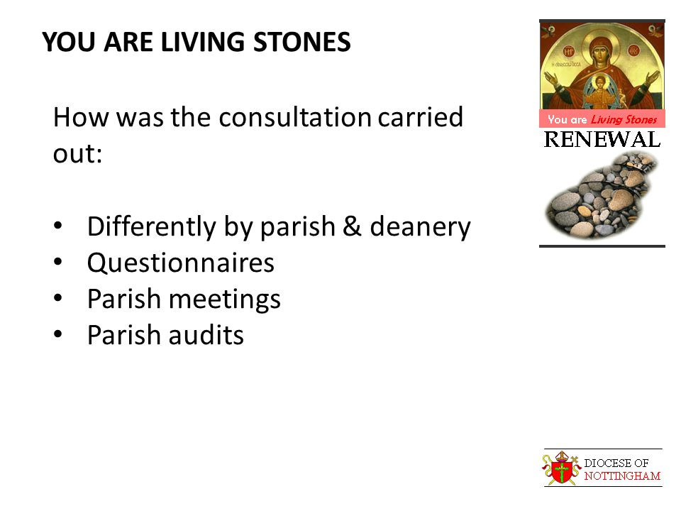 YOU ARE LIVING STONES How was the consultation carried out: Differently by parish & deanery Questionnaires Parish meetings Parish audits