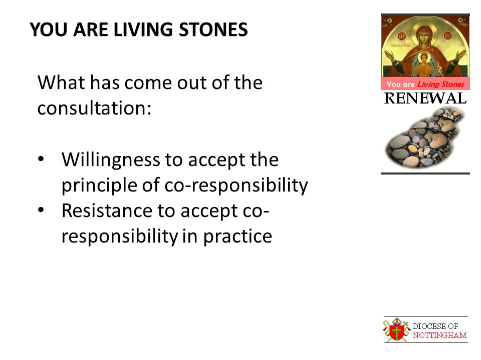 YOU ARE LIVING STONES What has come out of the consultation: Willingness to accept the principle of co-responsibility Resistance to accept co- responsibility in practice
