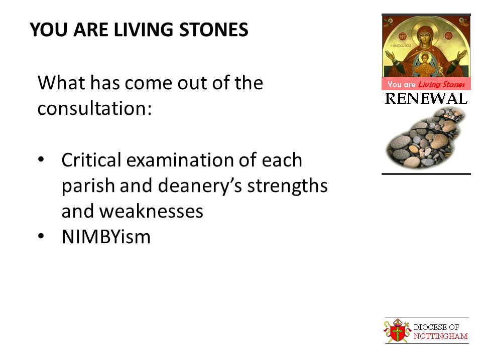 YOU ARE LIVING STONES What has come out of the consultation: Critical examination of each parish and deanery’s strengths and weaknesses NIMBYism