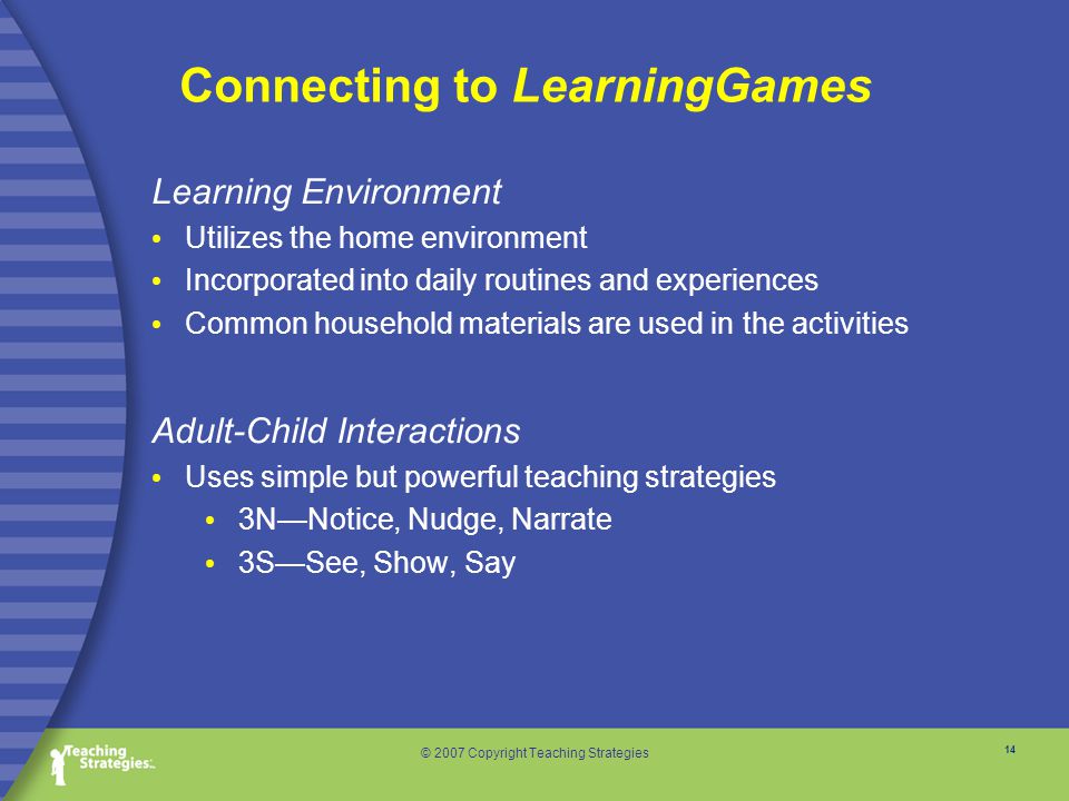 14 © 2007 Copyright Teaching Strategies Connecting to LearningGames Learning Environment Utilizes the home environment Incorporated into daily routines and experiences Common household materials are used in the activities Adult-Child Interactions Uses simple but powerful teaching strategies 3N—Notice, Nudge, Narrate 3S—See, Show, Say
