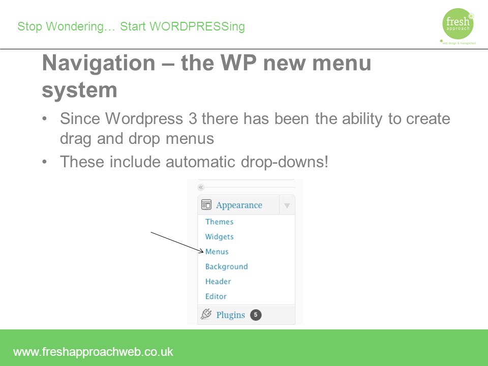 Stop Wondering… Start WORDPRESSing Navigation – the WP new menu system Since Wordpress 3 there has been the ability to create drag and drop menus These include automatic drop-downs!